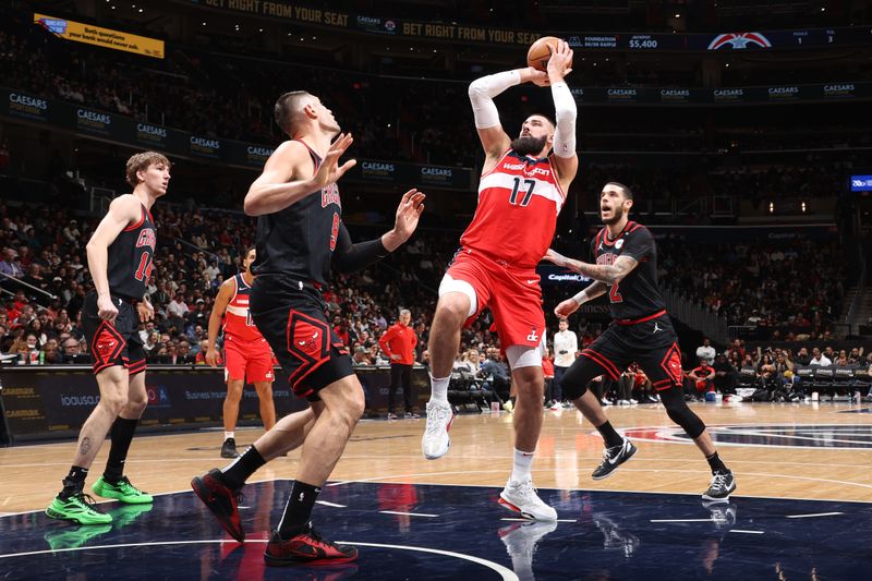 WASHINGTON, DC -? JANUARY 1:  Jonas Valanciunas #17 of the Washington Wizards shoots the ball during the game against the Chicago Bulls on January 1, 2025 at Capital One Arena in Washington, DC. NOTE TO USER: User expressly acknowledges and agrees that, by downloading and or using this Photograph, user is consenting to the terms and conditions of the Getty Images License Agreement. Mandatory Copyright Notice: Copyright 2025 NBAE (Photo by Kenny Giarla/NBAE via Getty Images)