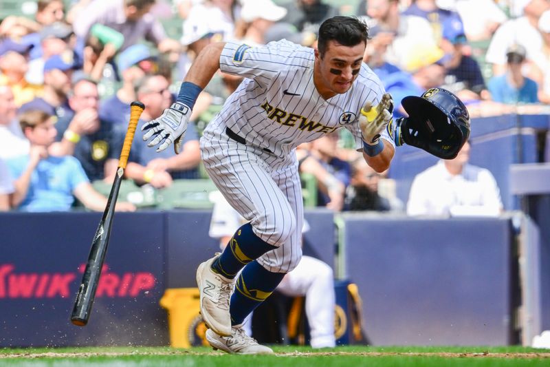 Jun 2, 2024; Milwaukee, Wisconsin, USA;  Milwaukee Brewers center fielder Sal Frelick (10) grounds out in the sixth inning against the Chicago White Sox at American Family Field. Mandatory Credit: Benny Sieu-USA TODAY Sports