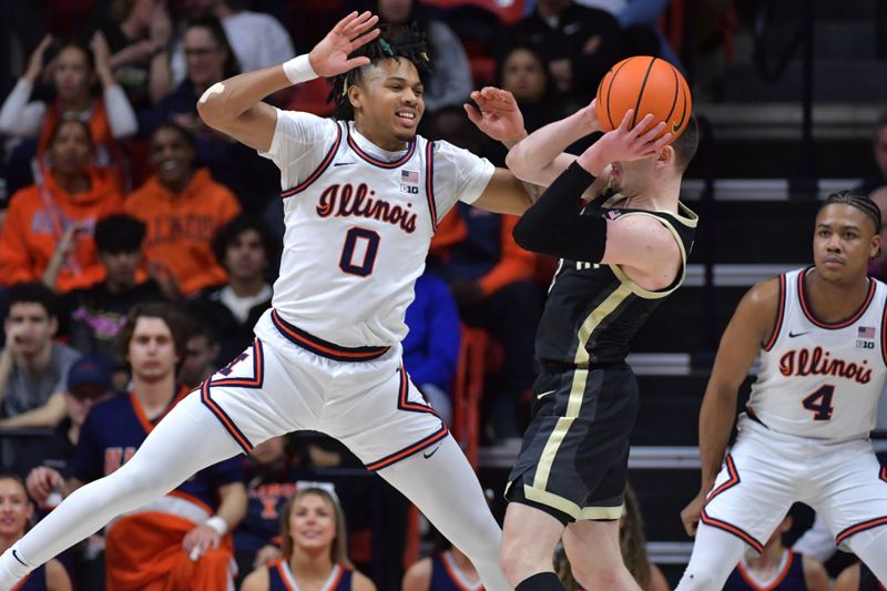 Mar 5, 2024; Champaign, Illinois, USA; Illinois Fighting Illini guard Terrence Shannon Jr. (0) pressures Purdue Boilermakers guard Braden Smith (2) during the first half at State Farm Center. Mandatory Credit: Ron Johnson-USA TODAY Sports