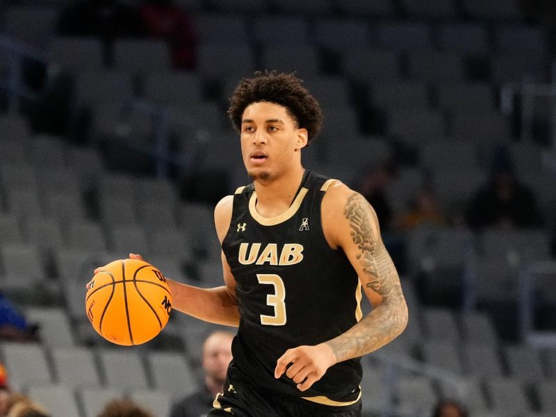 Mar 16, 2024; Fort Worth, TX, USA;  UAB Blazers forward Yaxel Lendeborg (3) dribbles the ball up court against the South Florida Bulls during the first half at Dickies Arena. Mandatory Credit: Chris Jones-USA TODAY Sports