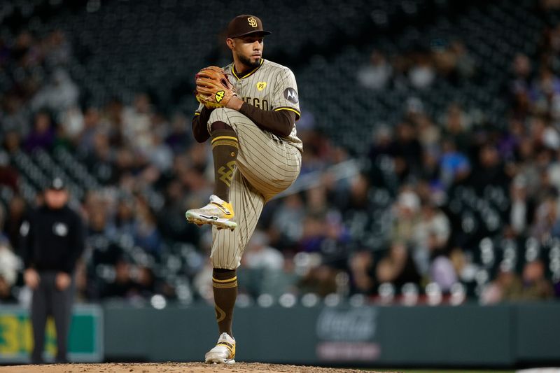 Apr 22, 2024; Denver, Colorado, USA; San Diego Padres relief pitcher Robert Suarez (75) pitches in the ninth inning against the Colorado Rockies at Coors Field. Mandatory Credit: Isaiah J. Downing-USA TODAY Sports