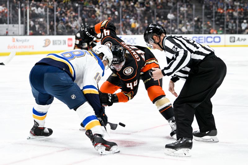 Mar 25, 2023; Anaheim, California, USA; Anaheim Ducks left wing Max Comtois (44) faces off with St. Louis Blues center Robert Thomas (18) during first period at Honda Center. Mandatory Credit: Kelvin Kuo-USA TODAY Sports