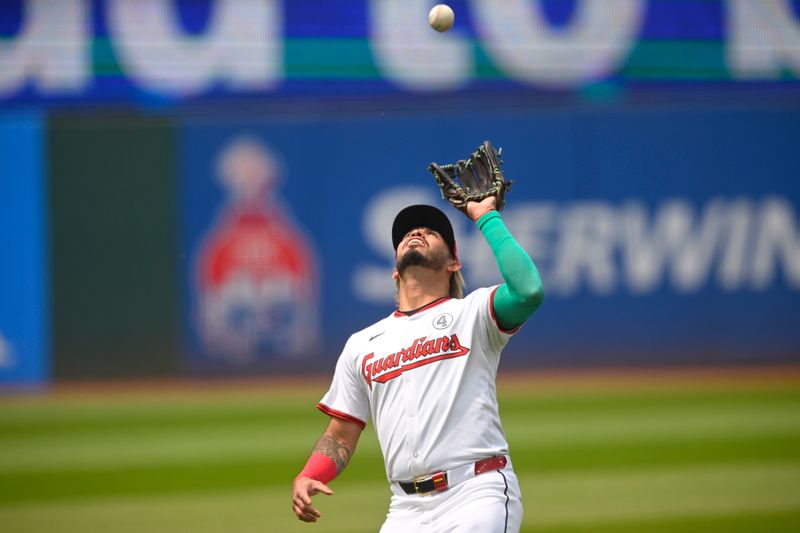 Jun 1, 2025; Cleveland, Ohio, USA; Cleveland Guardians shortstop Gabriel Arias (13) catches a pop fly in the fourth inning against the Los Angeles Angels at Progressive Field. Mandatory Credit: David Richard-Imagn Images