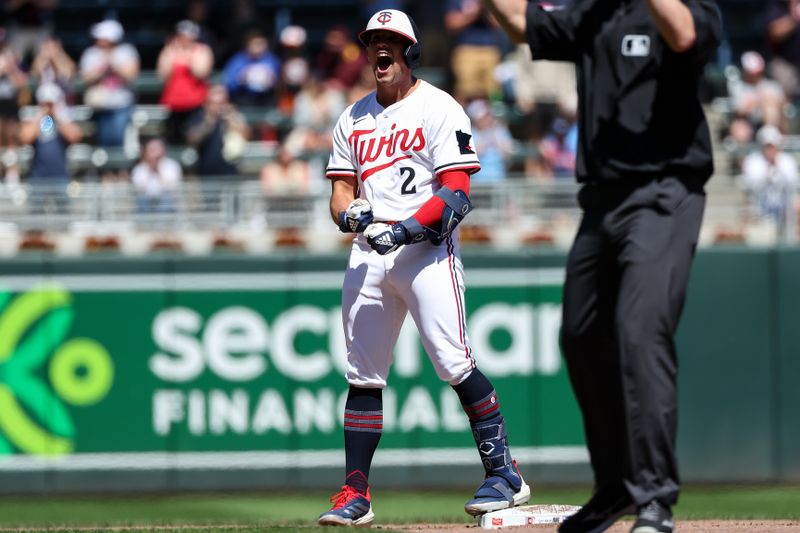 May 8, 2025; Minneapolis, Minnesota, USA; Minnesota Twins second baseman Brooks Lee (2) celebrates his go ahead two RBI double against the Baltimore Orioles during the eighth inning at Target Field. Mandatory Credit: Matt Krohn-Imagn Images