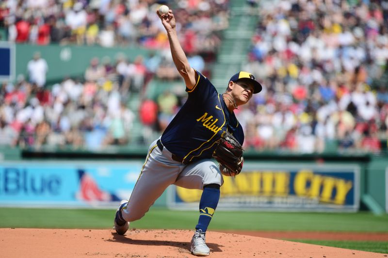 May 26, 2024; Boston, Massachusetts, USA;  Milwaukee Brewers starting pitcher Tobias Myers (36) pitches during the first inning against the Boston Red Sox at Fenway Park. Mandatory Credit: Bob DeChiara-USA TODAY Sports