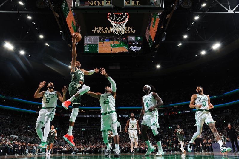 BOSTON, MA - OCTOBER 28: Giannis Antetokounmpo #34 of the Milwaukee Bucks shoots the ball during the game against the Boston Celtics on October 28, 2024 at TD Garden in Boston, Massachusetts. NOTE TO USER: User expressly acknowledges and agrees that, by downloading and/or using this Photograph, user is consenting to the terms and conditions of the Getty Images License Agreement. Mandatory Copyright Notice: Copyright 2024 NBAE (Photo by Brian Babineau/NBAE via Getty Images)