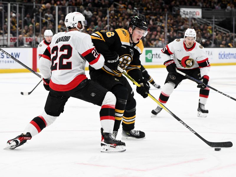 Jan 23, 2025; Boston, Massachusetts, USA; Ottawa Senators right wing Michael Amadio (22) defends Boston Bruins defenseman Mason Lohrei (6) during the first period at the TD Garden. Mandatory Credit: Brian Fluharty-Imagn Images