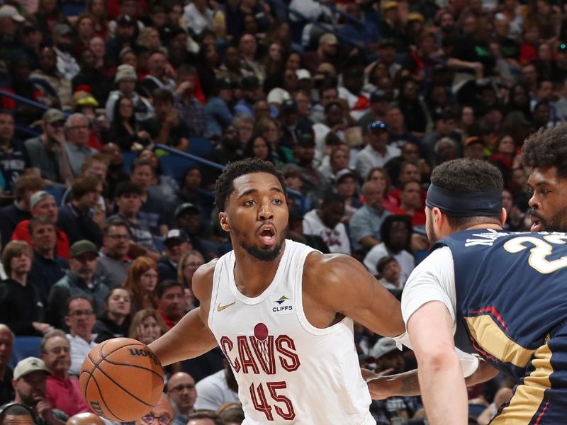 NEW ORLEANS, LA - MARCH 13: Donovan Mitchell #45 of the Cleveland Cavaliers handles the ball during the game against the New Orleans Pelicans on March 13, 2024 at the Smoothie King Center in New Orleans, Louisiana. NOTE TO USER: User expressly acknowledges and agrees that, by downloading and or using this Photograph, user is consenting to the terms and conditions of the Getty Images License Agreement. Mandatory Copyright Notice: Copyright 2024 NBAE (Photo by Layne Murdoch Jr./NBAE via Getty Images)