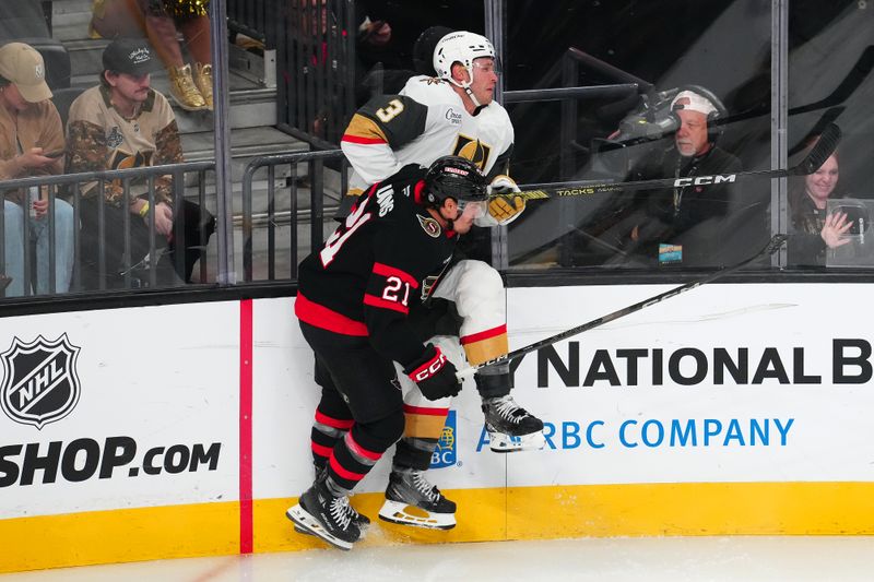 Oct 25, 2024; Las Vegas, Nevada, USA; Ottawa Senators center Nick Cousins (21) checks Vegas Golden Knights defenseman Brayden McNabb (3) during the third period at T-Mobile Arena. Mandatory Credit: Stephen R. Sylvanie-Imagn Images