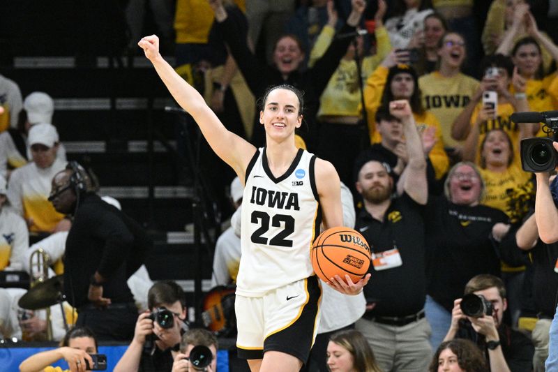 Mar 25, 2024; Iowa City, IA, USA; Iowa Hawkeyes guard Caitlin Clark (22) reacts late during the fourth quarter against the West Virginia Mountaineers of the NCAA second round game at Carver-Hawkeye Arena. Mandatory Credit: Jeffrey Becker-USA TODAY Sports