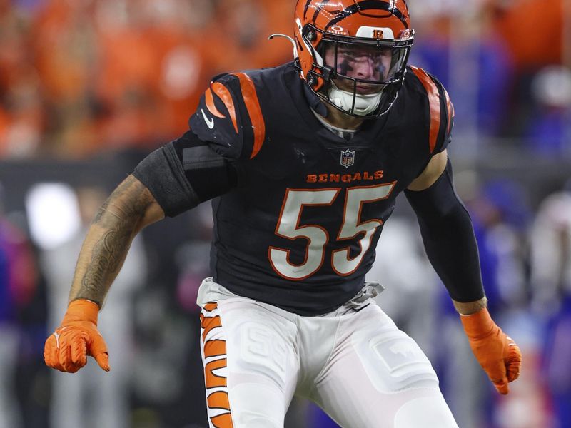 Cincinnati Bengals linebacker Logan Wilson (55) in action during an NFL football game against the Buffalo Bills, Sunday, Nov. 5, 2023, in Cincinnati. The Bengals defeated the Bills 24-18. (AP Photo/Gary McCullough)