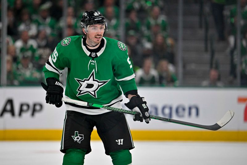 Apr 22, 2024; Dallas, Texas, USA; Dallas Stars center Matt Duchene (95) skates against the Vegas Golden Knights during the third period in game one of the first round of the 2024 Stanley Cup Playoffs at the American Airlines Center. Mandatory Credit: Jerome Miron-USA TODAY Sports