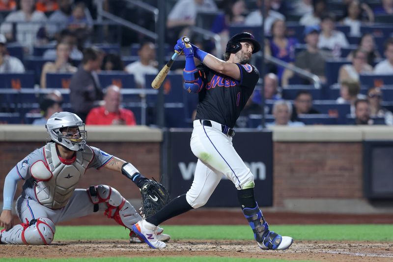 Aug 16, 2024; New York City, New York, USA; New York Mets second baseman Jeff McNeil (1) follows through on a two run home run against the Miami Marlins during the fourth inning at Citi Field. Mandatory Credit: Brad Penner-USA TODAY Sports