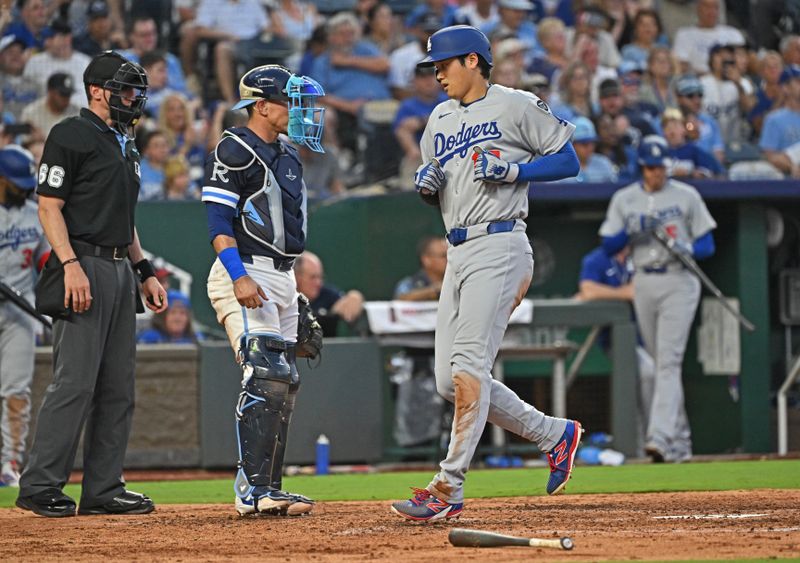 Jun 27, 2025; Kansas City, Missouri, USA; Los Angeles Dodgers designated hitter Shohei Ohtani (17) scores a run in the fifth inning against the Kansas City Royals at Kauffman Stadium. Mandatory Credit: Peter Aiken-Imagn Images