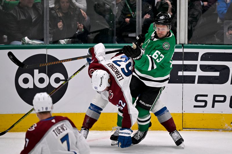 May 3, 2025; Dallas, Texas, USA; in Dallas Stars right wing Evgenii Dadonov (63) checks Colorado Avalanche left wing Artturi Lehkonen (62) during the first period in game seven of the first round of the 2025 Stanley Cup Playoffs at American Airlines Center. Mandatory Credit: Jerome Miron-Imagn Images