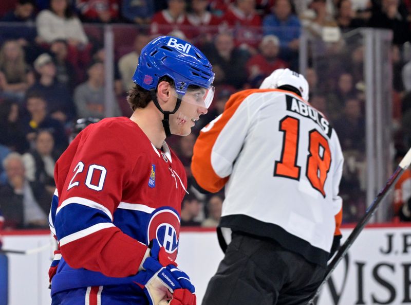 Sep 23, 2025; Montreal, Quebec, CAN; Montreal Canadiens forward Juraj Slafkovsky (20) with an injury on the right side of his face during the third period against the Philadelphia Flyers at the Bell Centre. Mandatory Credit: Eric Bolte-Imagn Images