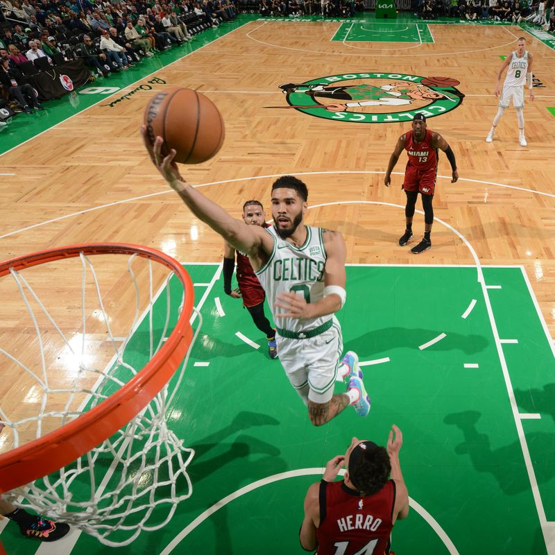 BOSTON, MA - APRIL 21: Jayson Tatum #0 of the Boston Celtics drives to the basket during the game against the Miami Heat during Round 1 Game 1 of the 2024 NBA Playoffs on April 21, 2024 at the TD Garden in Boston, Massachusetts. NOTE TO USER: User expressly acknowledges and agrees that, by downloading and or using this photograph, User is consenting to the terms and conditions of the Getty Images License Agreement. Mandatory Copyright Notice: Copyright 2024 NBAE  (Photo by Brian Babineau/NBAE via Getty Images)