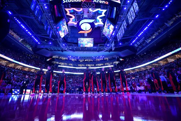 TORONTO, CANADA - OCTOBER 25: Toronto Raptors stand before the game against the Minnesota Timberwolves on October 25, 2023 at the Scotiabank Arena in Toronto, Ontario, Canada.  NOTE TO USER: User expressly acknowledges and agrees that, by downloading and or using this Photograph, user is consenting to the terms and conditions of the Getty Images License Agreement.  Mandatory Copyright Notice: Copyright 2023 NBAE (Photo by Mark Blinch/NBAE via Getty Images)