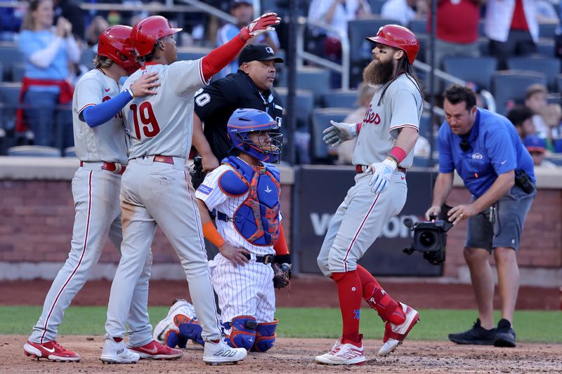 Oct 1, 2023; New York City, New York, USA; Philadelphia Phillies left fielder Brandon Marsh (16) celebrates his three run home run against the New York Mets with left fielder Cristian Pache (19) and second baseman Bryson Stott (5) during the ninth inning at Citi Field. Mandatory Credit: Brad Penner-USA TODAY Sports