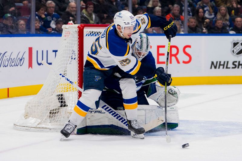 Jan 24, 2024; Vancouver, British Columbia, CAN; Vancouver Canucks goalie Casey DeSmith (29) watches as St. Louis Blues forward Jordan Kyrou (25) makes a pass in the second period at Rogers Arena. Mandatory Credit: Bob Frid-USA TODAY Sports