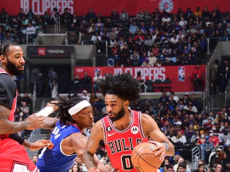 LOS ANGELES, CA - MARCH 27: Coby White #0 of the Chicago Bulls moves the ball during the game against the LA Clippers on March 27, 2023 at Crypto.Com Arena in Los Angeles, California. NOTE TO USER: User expressly acknowledges and agrees that, by downloading and/or using this Photograph, user is consenting to the terms and conditions of the Getty Images License Agreement. Mandatory Copyright Notice: Copyright 2023 NBAE (Photo by Adam Pantozzi/NBAE via Getty Images)