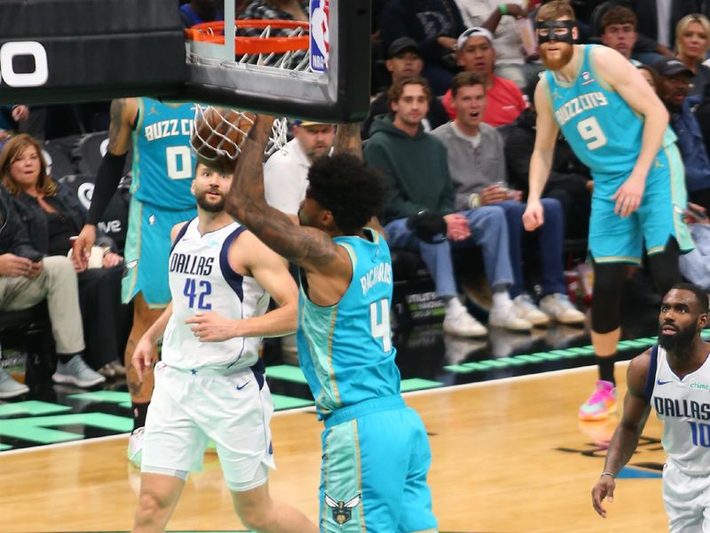 CHARLOTTE, NC - APRIL 9: Nick Richards #4 of the Charlotte Hornets dunks the ball during the game against the Dallas Mavericks on April 9, 2024 at Spectrum Center in Charlotte, North Carolina. NOTE TO USER: User expressly acknowledges and agrees that, by downloading and or using this photograph, User is consenting to the terms and conditions of the Getty Images License Agreement. Mandatory Copyright Notice: Copyright 2024 NBAE (Photo by Kent Smith/NBAE via Getty Images)