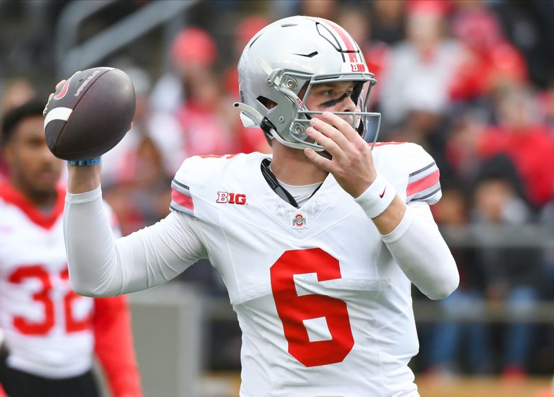 Oct 14, 2023; West Lafayette, Indiana, USA;  Ohio State Buckeyes quarterback Kyle McCord (6) throws a pass during warmups prior to the game at Ross-Ade Stadium. Mandatory Credit: Robert Goddin-USA TODAY Sports