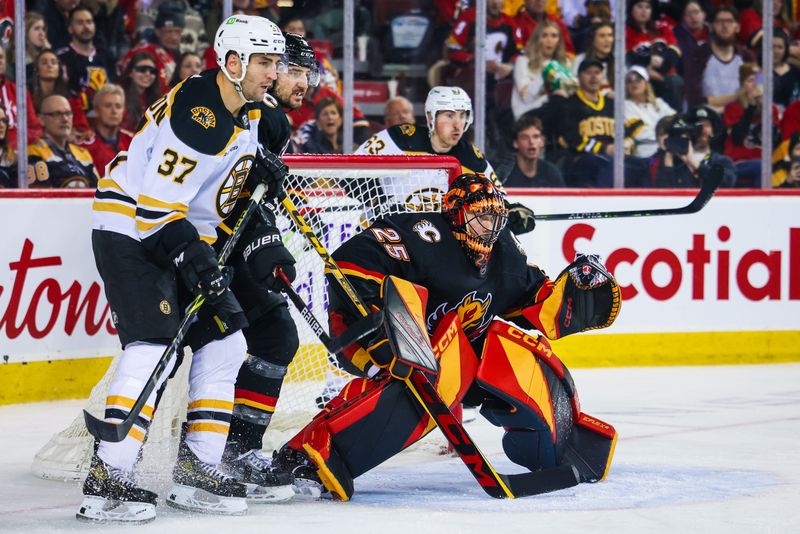 Feb 28, 2023; Calgary, Alberta, CAN; Calgary Flames goaltender Jacob Markstrom (25) guards his net against the Boston Bruins during the third period at Scotiabank Saddledome. Mandatory Credit: Sergei Belski-USA TODAY Sports