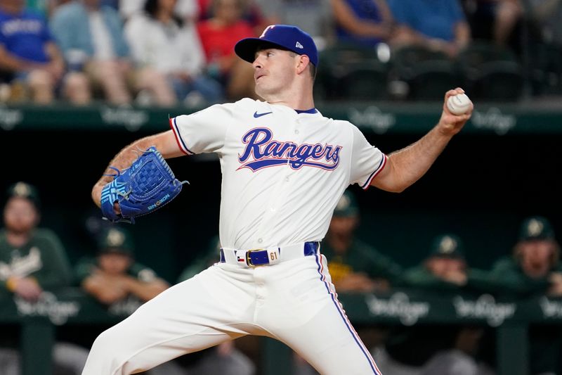 Aug 31, 2024; Arlington, Texas, USA; Texas Rangers starting pitcher Cody Bradford (61) throws to the plate during the first inning against the Oakland Athletics at Globe Life Field. Mandatory Credit: Raymond Carlin III-USA TODAY Sports