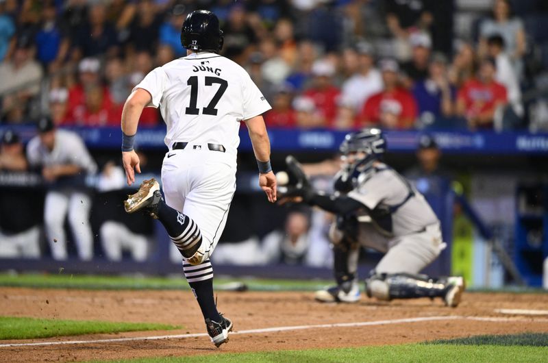 Aug 18, 2024; Williamsport, Pennsylvania, USA; Detroit Tigers infielder Jace Jung (17) attempts to advance home against the New York Yankees in the fifth inning at BB&T Ballpark at Historic Bowman Field. Mandatory Credit: Kyle Ross-USA TODAY Sports