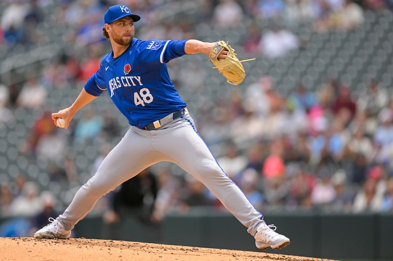 May 27, 2024; Minneapolis, Minnesota, USA; Kansas City Royals starting pitcher Alec Marsh (48) delivers a pitch against the Minnesota Twins during the second inning at Target Field. Mandatory Credit: Nick Wosika-USA TODAY Sports