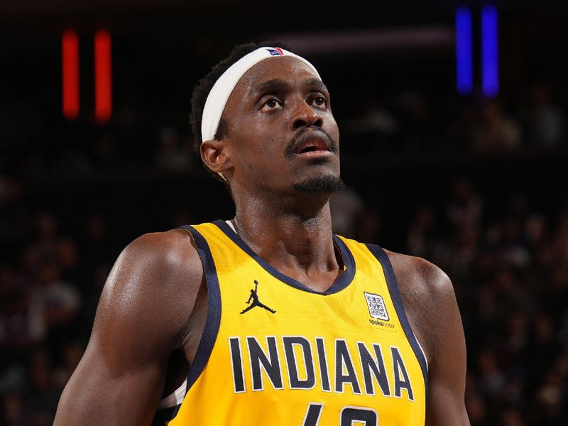 NEW YORK, NY - MAY 29:  Pascal Siakam #43 of the Indiana Pacers shoots a free throw during the game against the New York Knicks during Game 5 of the 2025 Eastern Conference Finals  on May 29, 2025 at Madison Square Garden in New York City, New York.  NOTE TO USER: User expressly acknowledges and agrees that, by downloading and or using this photograph, User is consenting to the terms and conditions of the Getty Images License Agreement. Mandatory Copyright Notice: Copyright 2025 NBAE  (Photo by Jesse D. GarrabrantNBAE via Getty Images)