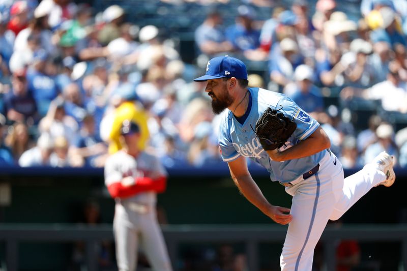 May 11, 2025; Kansas City, Missouri, USA; Kansas City Royals pitcher John Schreiber (46) pitches in the seventh inning against the Boston Red Sox at Kauffman Stadium. Mandatory Credit: Gary Rohman-Imagn Images