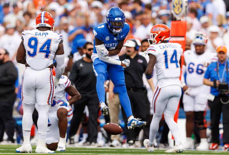 Sep 30, 2023; Lexington, Kentucky, USA; Kentucky Wildcats wide receiver Barion Brown (7) celebrates during the first quarter against the Florida Gators at Kroger Field. Mandatory Credit: Jordan Prather-USA TODAY Sports