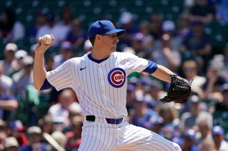 Jul 6, 2024; Chicago, Illinois, USA; Chicago Cubs pitcher Kyle Hendricks (28) throws the ball against the Los Angeles Angels during the first inning at Wrigley Field. Mandatory Credit: David Banks-USA TODAY Sports