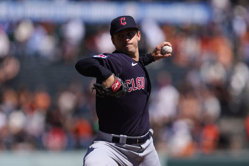 Sep 13, 2023; San Francisco, California, USA; Cleveland Guardians starting pitcher Logan Allen (41) throws a pitch during the first inning against the San Francisco Giants at Oracle Park. Mandatory Credit: Sergio Estrada-USA TODAY Sports