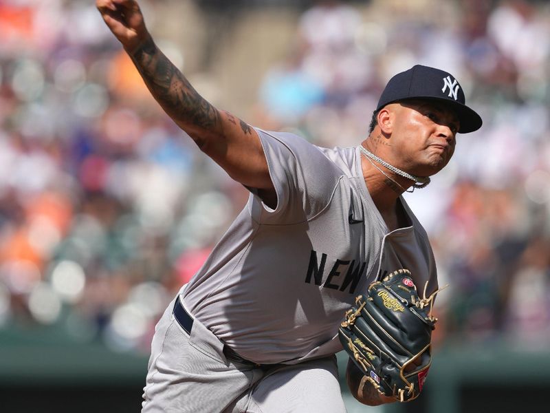 Jul 13, 2024; Baltimore, Maryland, USA; New York Yankees pitcher Luis Gil (81) delivers in the first inning against the Baltimore Orioles at Oriole Park at Camden Yards. Mandatory Credit: Mitch Stringer-USA TODAY Sports