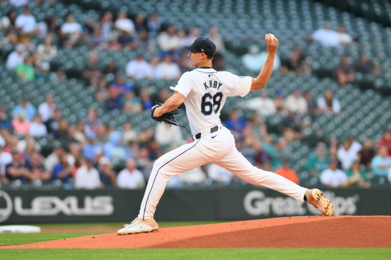 Aug 7, 2024; Seattle, Washington, USA; Seattle Mariners starting pitcher George Kirby (68) pitches to the Detroit Tigers during the first inning at T-Mobile Park. Mandatory Credit: Steven Bisig-USA TODAY Sports