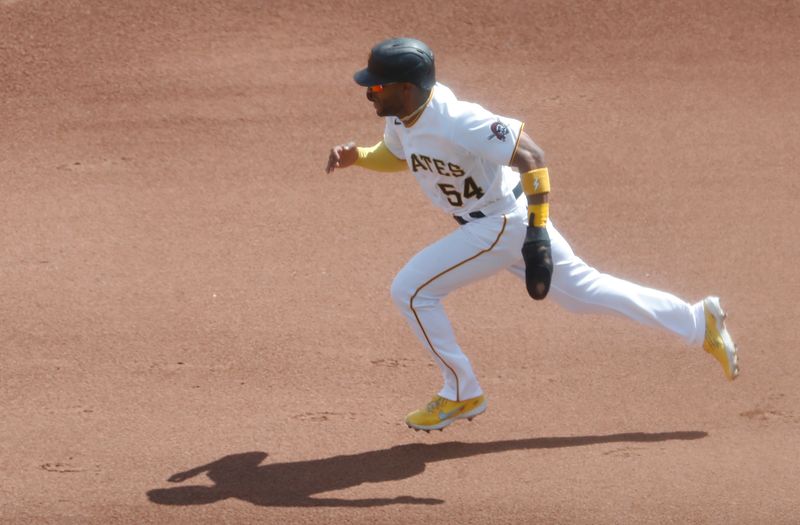 Aug 27, 2023; Pittsburgh, Pennsylvania, USA;  Pittsburgh Pirates right fielder Joshua Palacios (54) runs on his way to stealing second base against the Chicago Cubs during the fourth inning at PNC Park. Mandatory Credit: Charles LeClaire-USA TODAY Sports