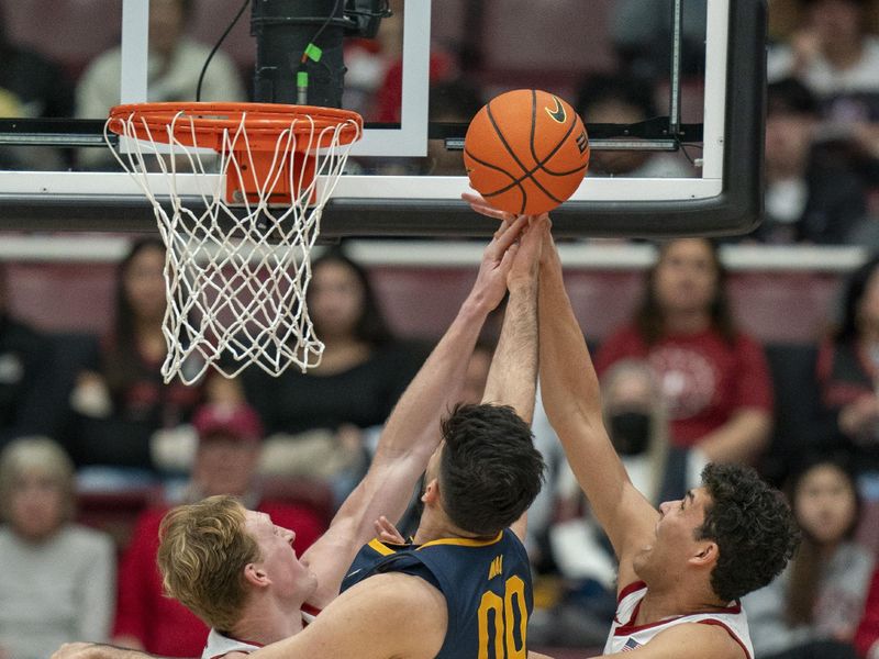 Mar 7, 2024; Stanford, California, USA; Stanford Cardinal forward James Keefe (22) and forward Brandon Angel (23) battle for the rebound with California Golden Bears forward Fardaws Aimaq (00) during the first half at Maples Pavillion. Mandatory Credit: Neville E. Guard-USA TODAY Sports