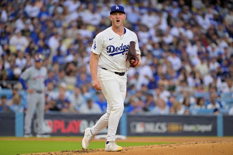 Oct 20, 2024; Los Angeles, California, USA; Los Angeles Dodgers pitcher Ben Casparius (78) reacts in the second inning against the New York Mets during game six of the NLCS for the 2024 MLB playoffs at Dodger Stadium. Mandatory Credit: Jayne Kamin-Oncea-Imagn Images
