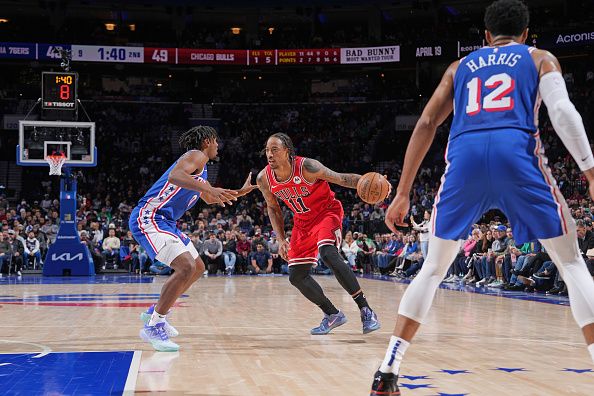 PHILADELPHIA, PA - DECEMBER 18: DeMar DeRozan #11 of the Chicago Bulls dribbles the ball during the game against the Philadelphia 76ers on December 18, 2023 at the Wells Fargo Center in Philadelphia, Pennsylvania NOTE TO USER: User expressly acknowledges and agrees that, by downloading and/or using this Photograph, user is consenting to the terms and conditions of the Getty Images License Agreement. Mandatory Copyright Notice: Copyright 2023 NBAE (Photo by Jesse D. Garrabrant/NBAE via Getty Images)