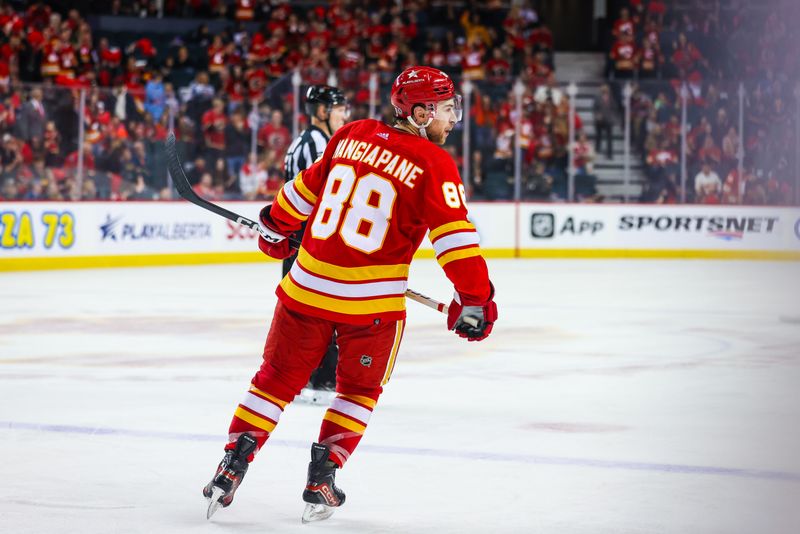 Feb 19, 2024; Calgary, Alberta, CAN; Calgary Flames left wing Andrew Mangiapane (88) scores a goal against the Winnipeg Jets during the third period at Scotiabank Saddledome. Mandatory Credit: Sergei Belski-USA TODAY Sports