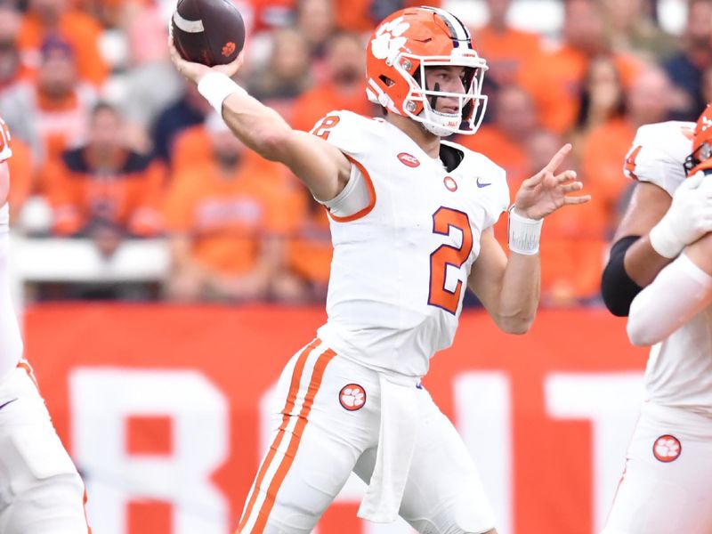 Sep 30, 2023; Syracuse, New York, USA;Clemson Tigers quarterback Cade Klubnik (2) throws a pass in the first quarter against the Syracuse Orange at the JMA Wireless Dome. Mandatory Credit: Mark Konezny-USA TODAY Sports