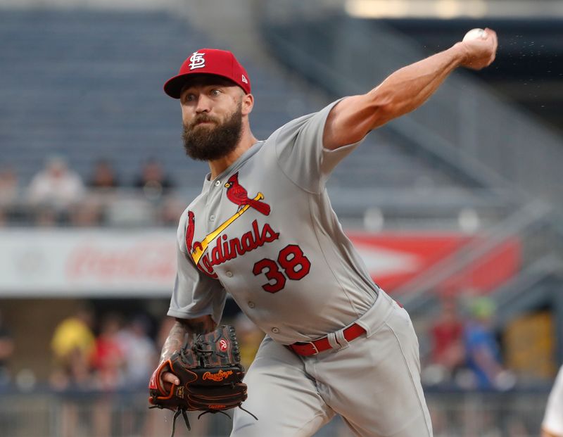 Aug 21, 2023; Pittsburgh, Pennsylvania, USA;  St. Louis Cardinals starting pitcher Drew Rom (38) delivers a pitch in his major league debut against the Pittsburgh Pirates during the first inning at PNC Park. Mandatory Credit: Charles LeClaire-USA TODAY Sports