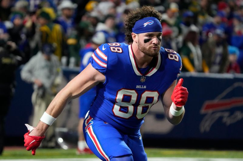 Buffalo Bills tight end Dawson Knox (88) warms up before an NFL football game against the Green Bay Packers, Sunday, Oct. 30, 2022, in Buffalo, New York. (AP Photo/Rick Scuteri)