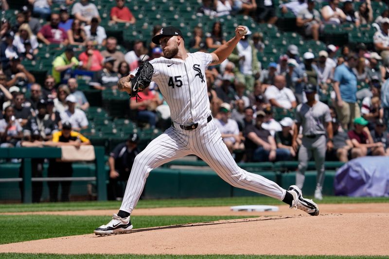 Jun 30, 2024; Chicago, Illinois, USA; Chicago White Sox pitcher Garrett Crochet (45) throws the ball against the Colorado Rockies during the first inning at Guaranteed Rate Field. Mandatory Credit: David Banks-USA TODAY Sports