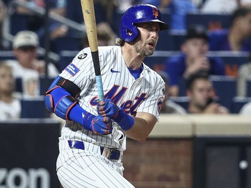 Jul 9, 2024; New York City, New York, USA;  New York Mets second baseman Jeff McNeil (1) hits an RBI double in the eighth inning against the Washington Nationals at Citi Field. Mandatory Credit: Wendell Cruz-USA TODAY Sports