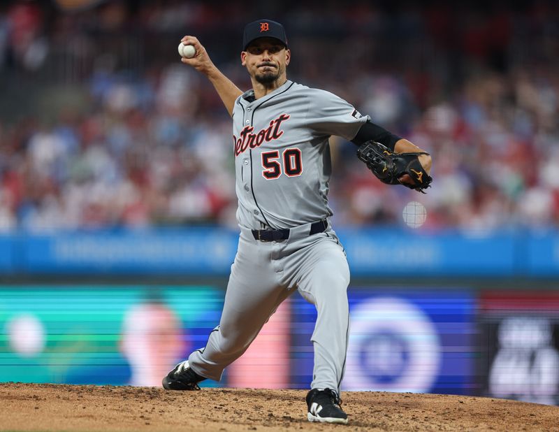 Aug 3, 2025; Philadelphia, Pennsylvania, USA; Detroit Tigers pitcher Charlie Morton (50) throws a pitch against the Philadelphia Phillies during the fourth inning at Citizens Bank Park. Mandatory Credit: Bill Streicher-Imagn Images