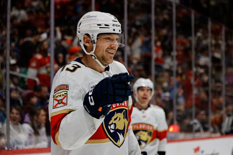 Jan 6, 2024; Denver, Colorado, USA; Florida Panthers center Sam Reinhart (13) reacts after scoring a goal in the first period against the Colorado Avalanche at Ball Arena. Mandatory Credit: Isaiah J. Downing-USA TODAY Sports